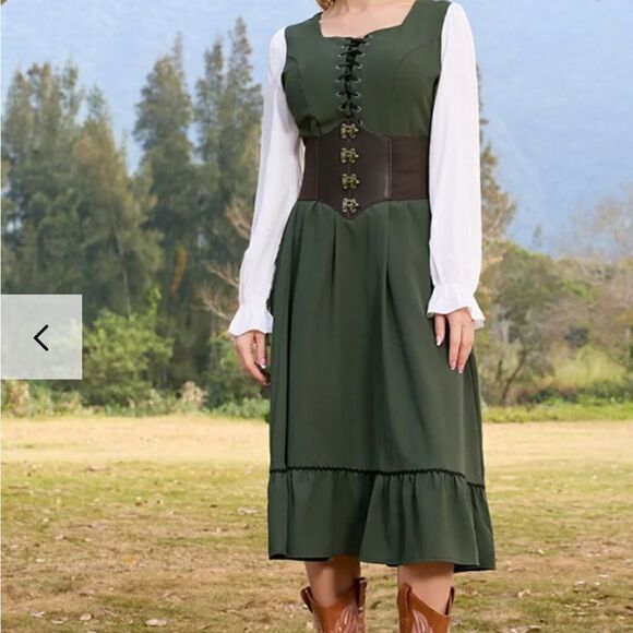 Colonial Contrast Color Dress Square Neck A-Line Dress green - Picture 1 of 15